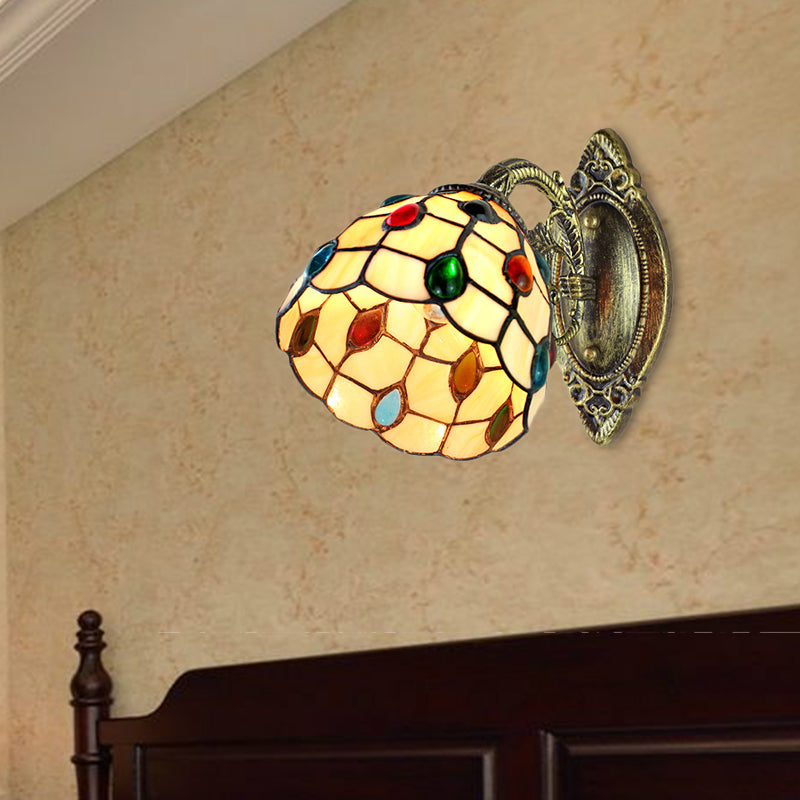 BowLift | 1 Light Dome Shade Wall Light Retro Style Stained Glass Wall Lamp with Jewel Pattern in Yellow