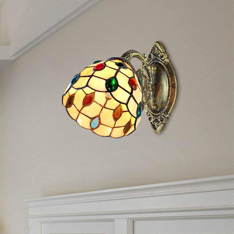BowLift | 1 Light Dome Shade Wall Light Retro Style Stained Glass Wall Lamp with Jewel Pattern in Yellow