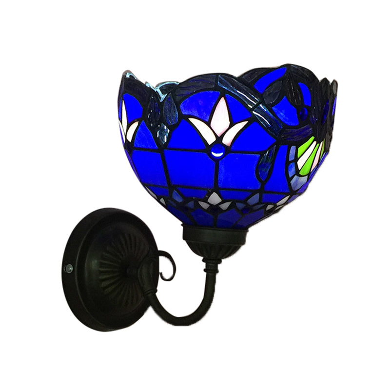 BowLift | Baroque Wall Lamp 1 Head Yellow/Blue Glass Wall Mounted Light with Flower Pattern
