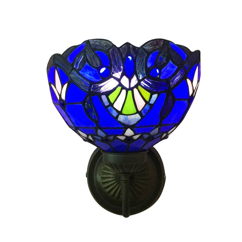 BowLift | Baroque Wall Lamp 1 Head Yellow/Blue Glass Wall Mounted Light with Flower Pattern