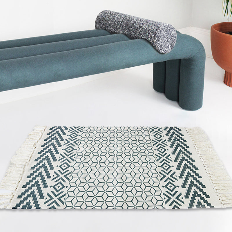 BowLift | White and blue bedroom rug southwest tribal pattern rug cotton non-slip back washable area rug