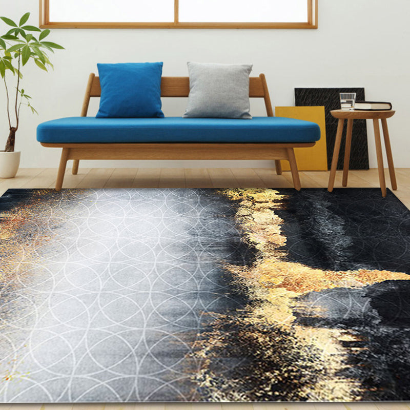 BowLift | Funky Abstract Rug Black and Gold Industrial Carpet Polyester Non-Slip Washable Pet-Friendly Area Rug for Living Room