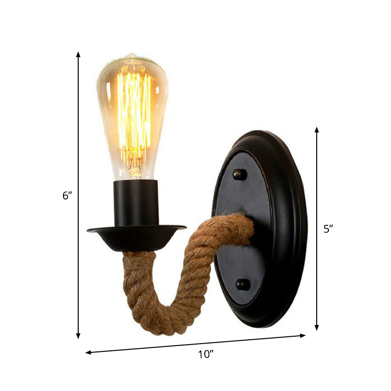 BowLift | Black 1 Bulb Wall Lamp Fixture Lodge Metal Oval/Round Back Plate Wall Light with Curved Rope Arm