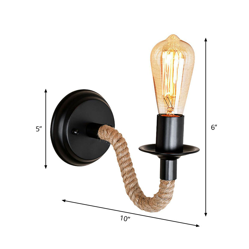 BowLift | Black 1 Bulb Wall Lamp Fixture Lodge Metal Oval/Round Back Plate Wall Light with Curved Rope Arm
