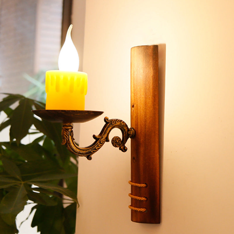 BowLift | Brown rectangular wall light Cottage Bamboo 1 bulb living room wall light with flameless candle
