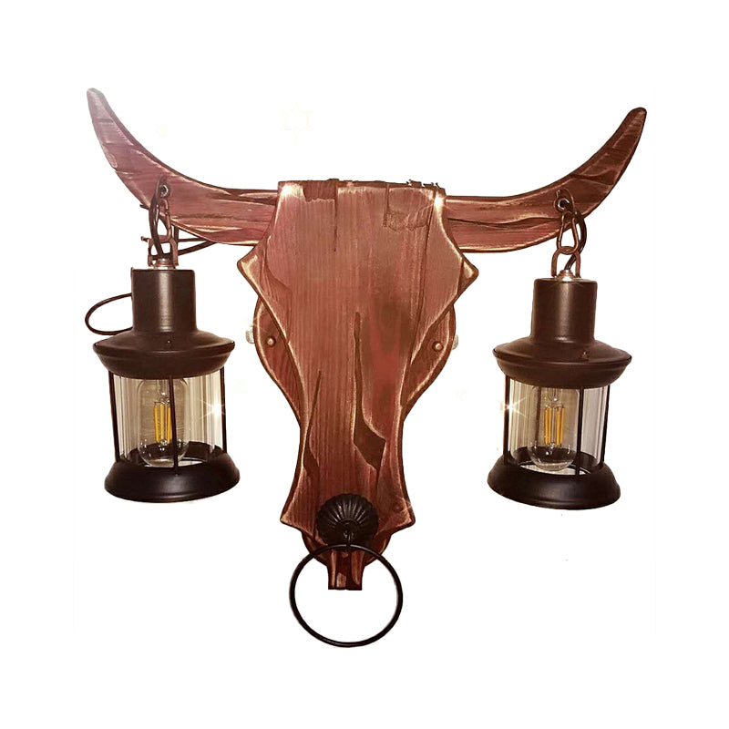 BowLift | 1/2-Light Clear Glass Wall Lamp Rustic Brown Lantern/Kerosene Kitchen Wall Mount Light with Ox/Oval Wooden Backplate