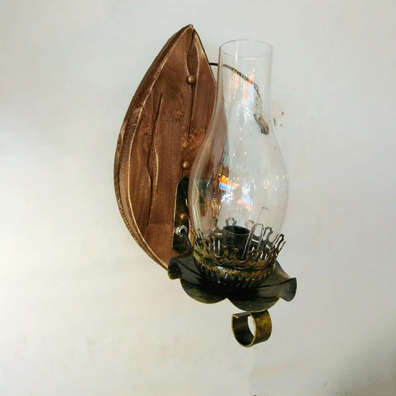 BowLift | 1/2-Light Clear Glass Wall Lamp Rustic Brown Lantern/Kerosene Kitchen Wall Mount Light with Ox/Oval Wooden Backplate