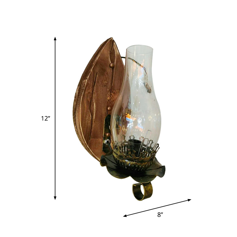 BowLift | 1/2-Light Clear Glass Wall Lamp Rustic Brown Lantern/Kerosene Kitchen Wall Mount Light with Ox/Oval Wooden Backplate