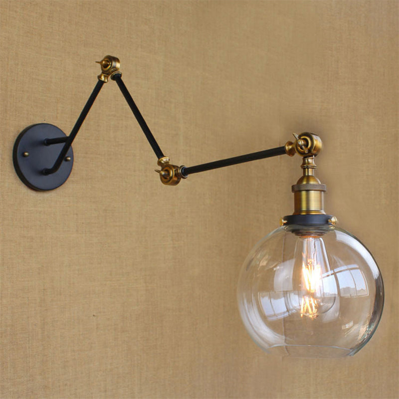 BowLift | Adjustable 3-Joint Arm Iron Wall Lamp Industry 1 Head Bedroom Wall Reading Light with Globe/Saucer Clear Glass Shade