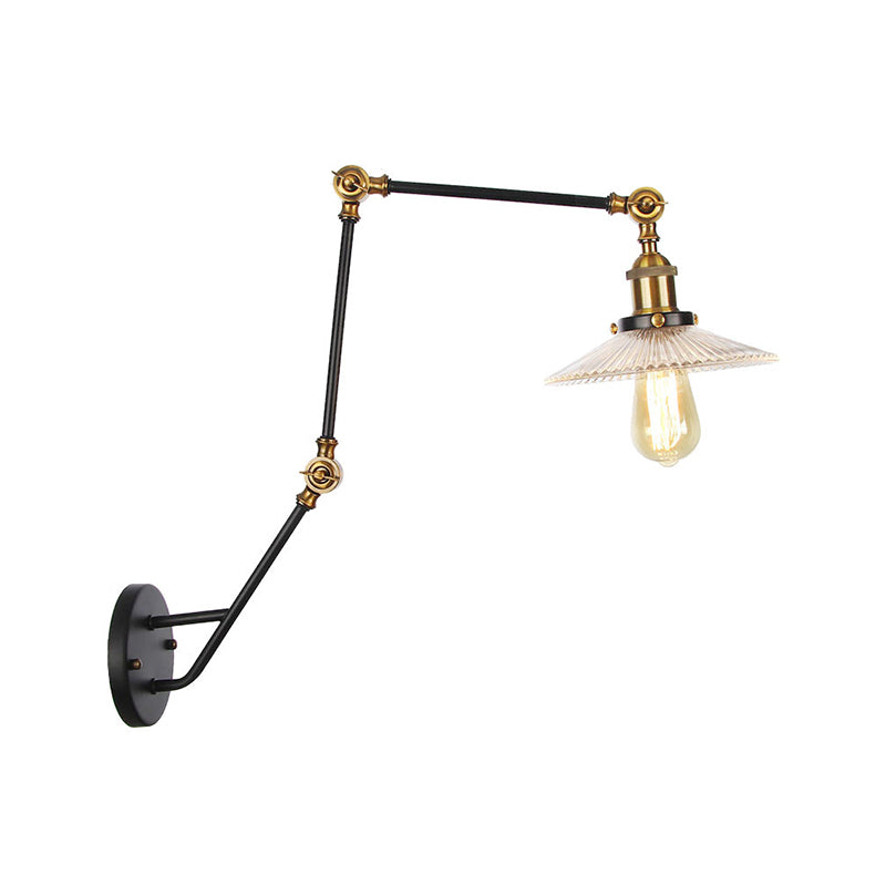 BowLift | Adjustable 3-Joint Arm Iron Wall Lamp Industry 1 Head Bedroom Wall Reading Light with Globe/Saucer Clear Glass Shade