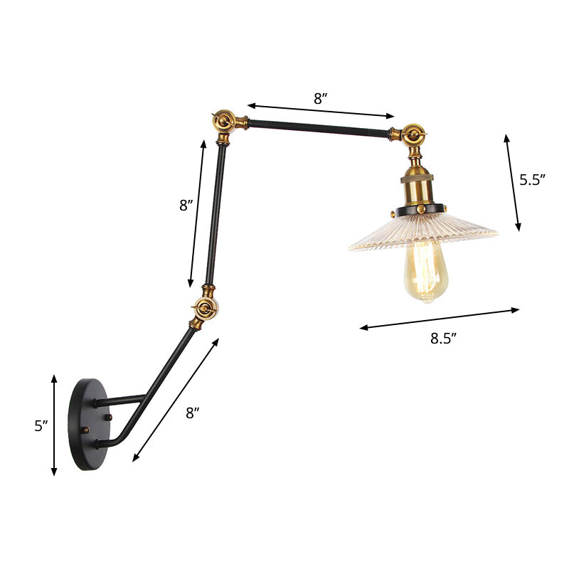 BowLift | Adjustable 3-Joint Arm Iron Wall Lamp Industry 1 Head Bedroom Wall Reading Light with Globe/Saucer Clear Glass Shade