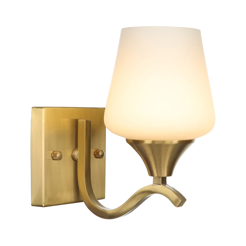 BowLift | Brass 1-Light Wall Lamp Fixture Antique Frosted White Glass Tulip Shade/Cylinder Wall Mount Light with Arm