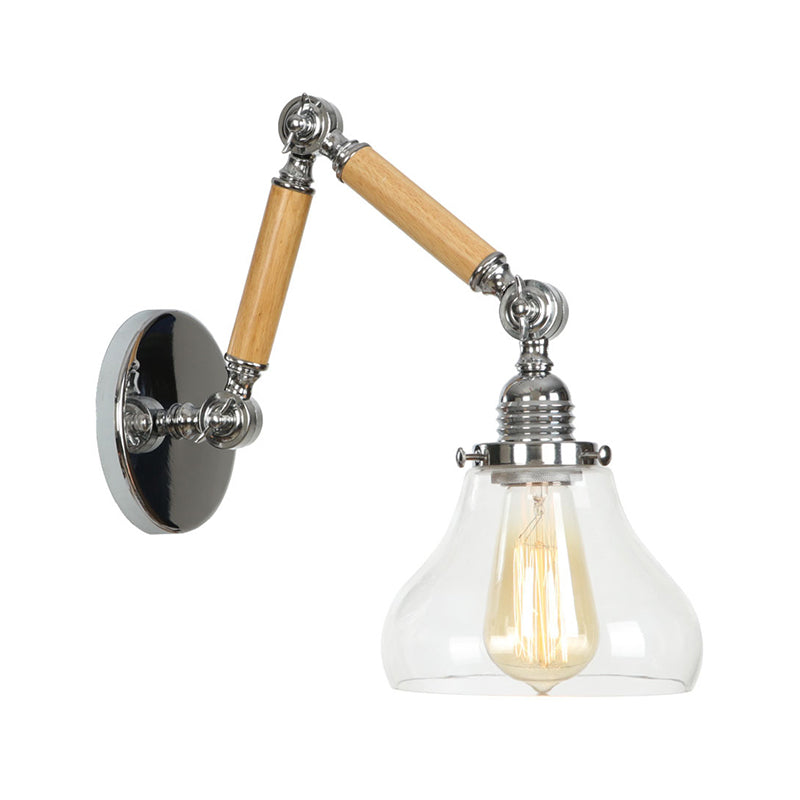 BowLift | Brown-Silver 1-Bulb Reading Wall Light Loft Clear Glass Bulb/Plate/Bell Shade Wall Lighting with Wood 2-Joint Adjustable Arm