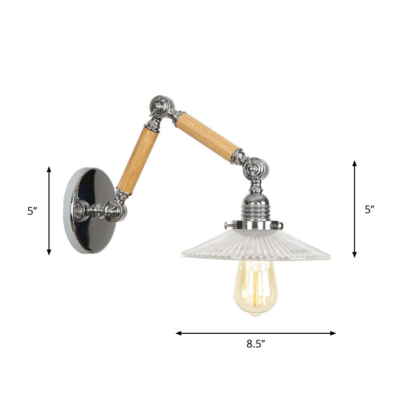 BowLift | Brown-Silver 1-Bulb Reading Wall Light Loft Clear Glass Bulb/Plate/Bell Shade Wall Lighting with Wood 2-Joint Adjustable Arm
