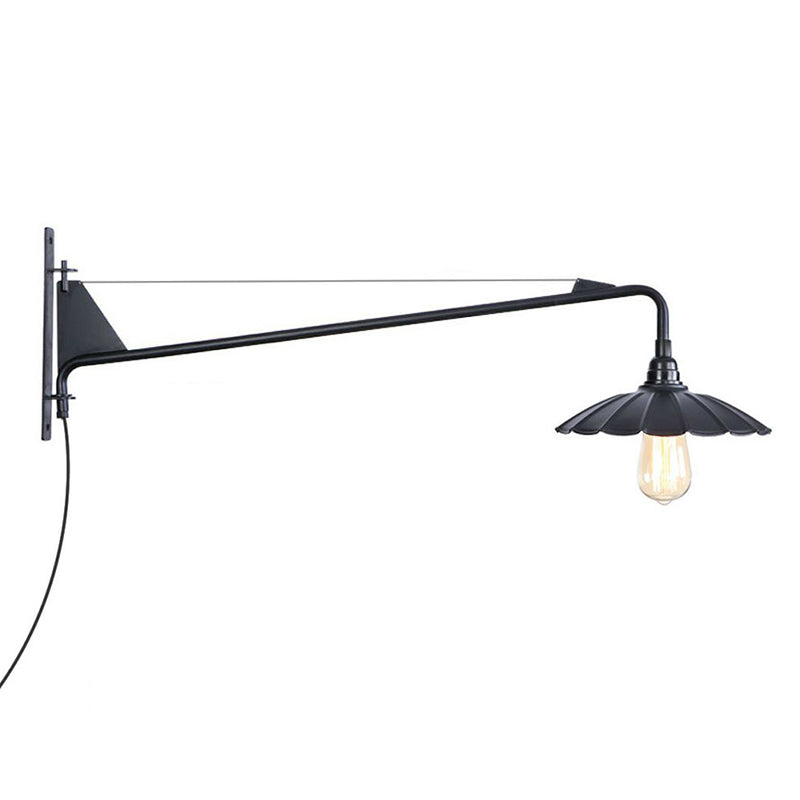 BowLift | Industrial Scalloped/Exposed Wall Lamp 1/2-Light Iron Plug-in Wall Mounted Lighting with Long Swing Arm in Black