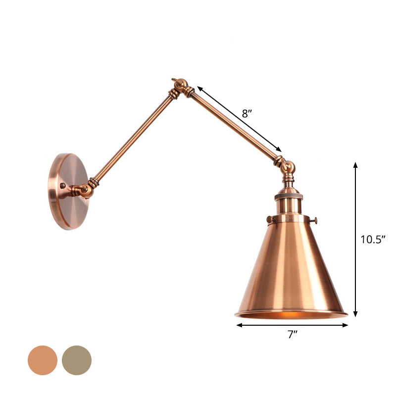 BowLift | 6"/8" L 2-joint swivel arm iron wall light industrial 1 bulb studio work wall lamp with cone shade in bronze/copper