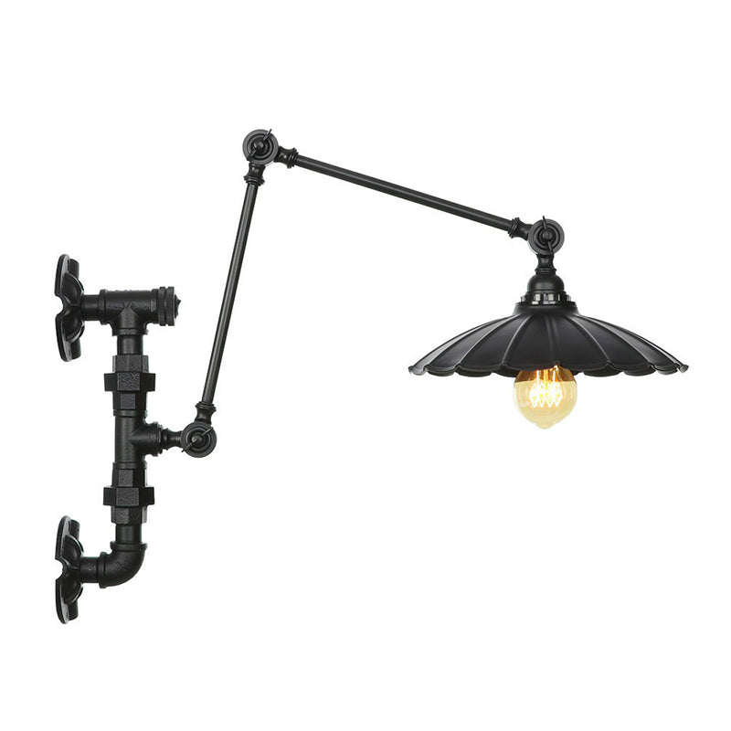 BowLift | Cone/Flared Living Room Wall Lamp Industrial Iron 1-Light Black Rotatable Wall Lighting with Water Pipe Mount