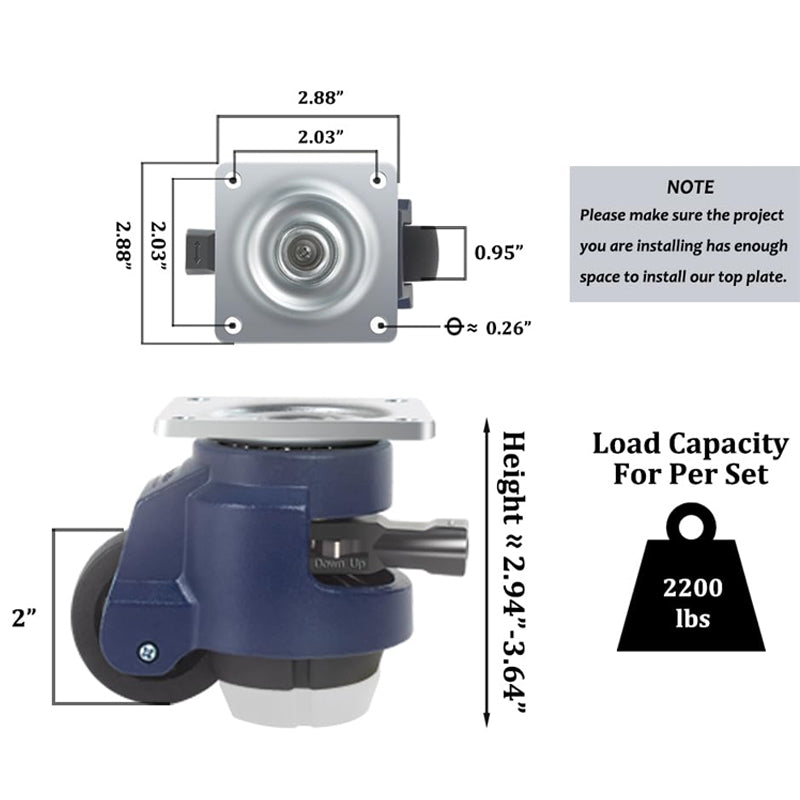 BowLift | 2 Inch Leveling Casters with Upgraded Handle 2200 lbs Capacity Leveling Casters 360° Swivel Caster Wheels