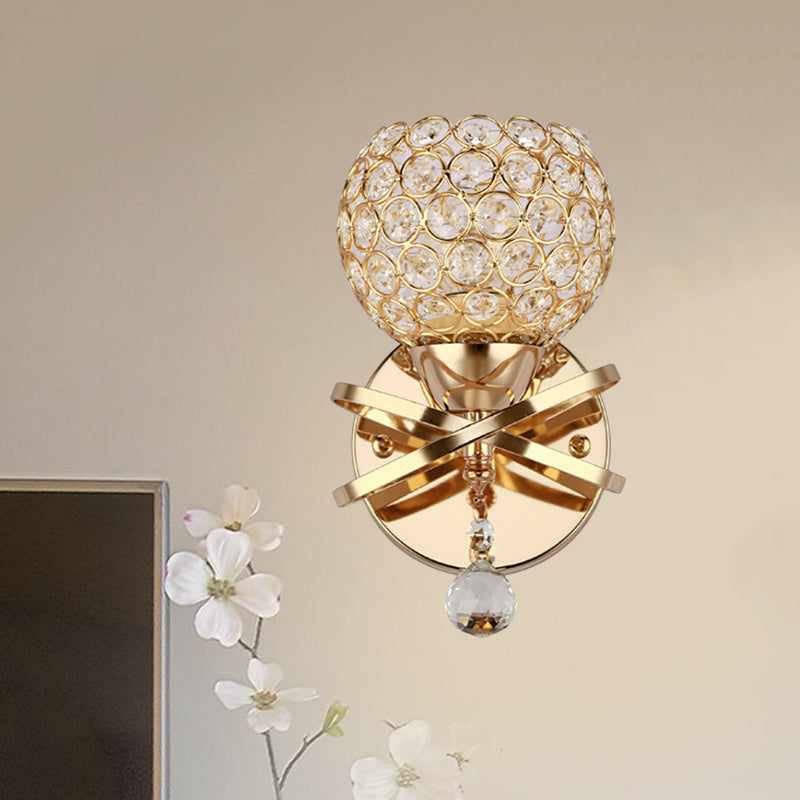 BowLift | Cross arm globe neck metal umbrella wall lamp crystal wall lamp in gold with hanging crystal ball