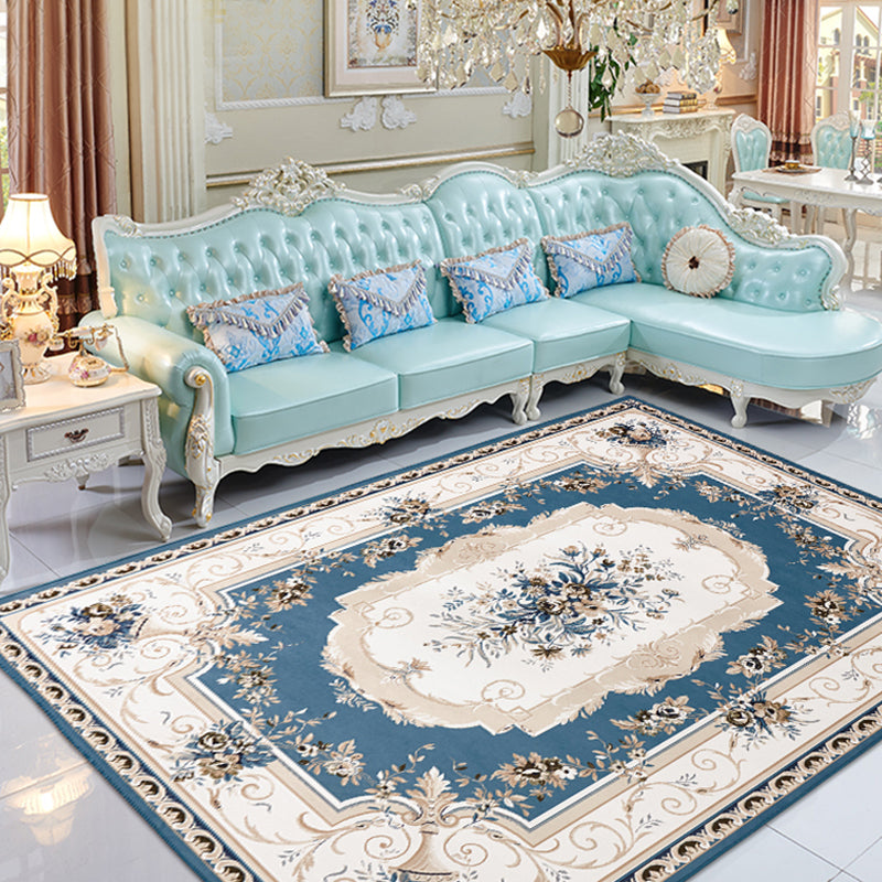 BowLift | Vintage Floral Pattern Carpet Blue and Black Polyester Indoor Carpet Machine Washable Non-Slip Backing Carpet for Decoration