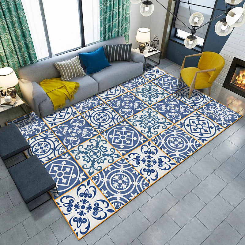 BowLift | Blue and white bedroom rug Moroccan flower circle square pattern rug polyester machine washable rug