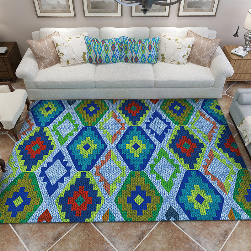 BowLift | Blue Bedroom Rug Southwestern Diamond Pattern Area Rug Polyester Pet-Friendly Non-Slip Rug