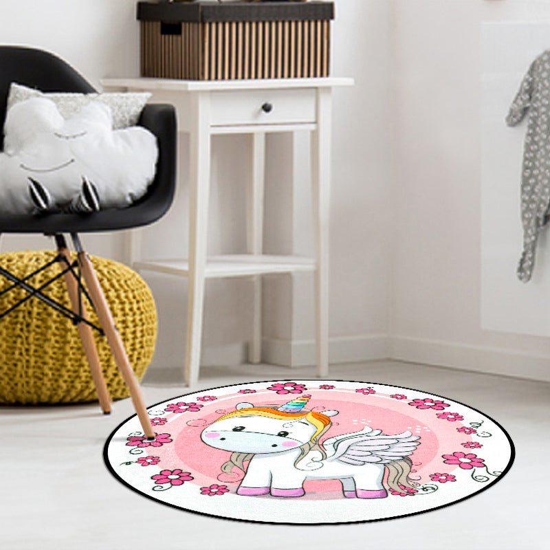 BowLift | Pink Children's Room Carpet Children's Animal Unicorn Swan Flower Heart Pattern Carpet Polyester Pet-Friendly Carpet