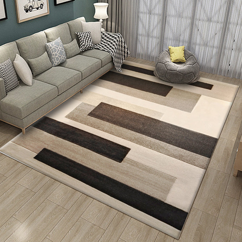 BowLift | Brown Bedroom Rug Novelty Geometry Rectangle Check Stripe Print Rug Polyester Washable Area Rug