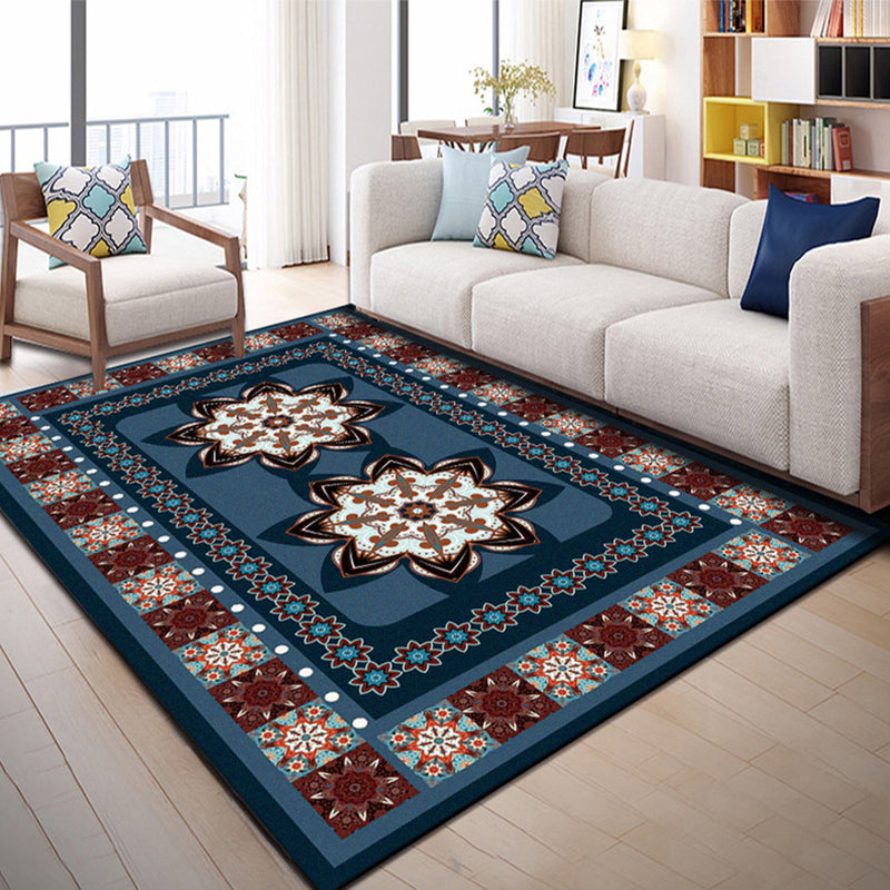 BowLift | Blue Bedroom Rug Moroccan Floral Dots Rectangle Print Rug Polyester Non-Slip Rug