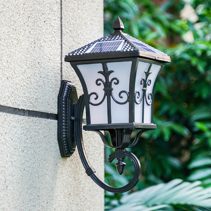 BowLift | Frosted Glass Curved Lantern Wall Light Traditional Terrace Small/Large Solar LED Wall Lamp in Black/Brass