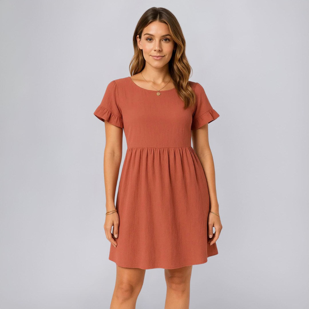 A-Line Cotton Linen Dress with Ruffle Sleeves