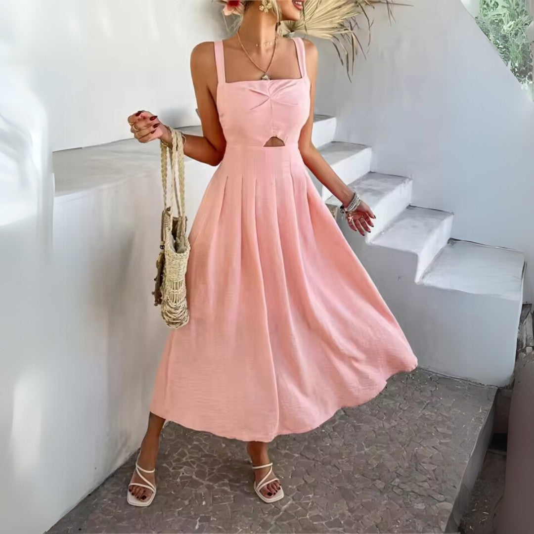 A-Line Midi Sundress with Cut-Out Waist and Sleeveless Design