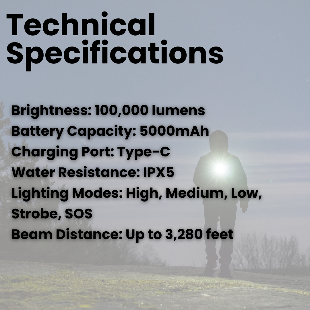 BowLift | 100,000 Lumen Rechargeable LED Flashlight | Waterproof, Impact-Resistant & Ideal for Hiking, Emergencies & Power Outages
