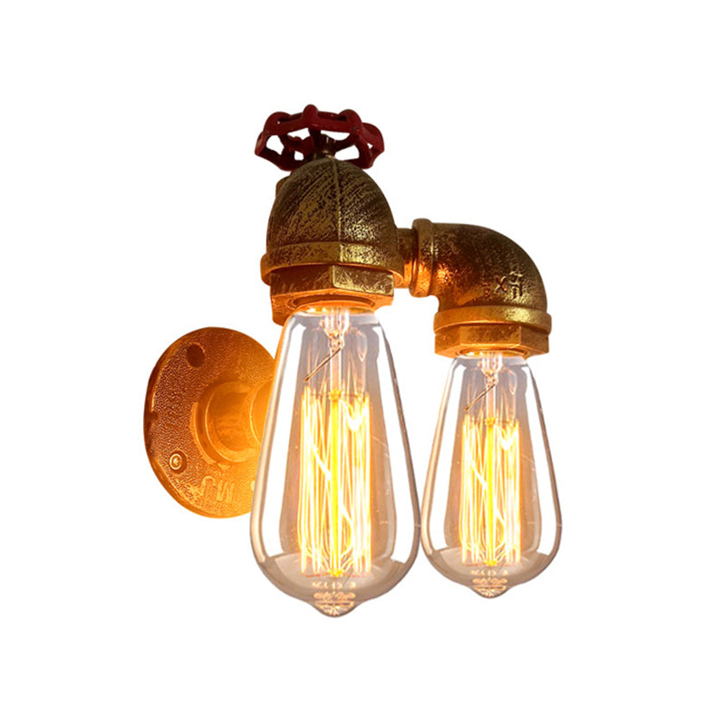 BowLift | Curved Pipe Metal Wall Lighting Factory 2 Heads Dining Room Wall Lamp Sconces in Rust with Valve Decoration