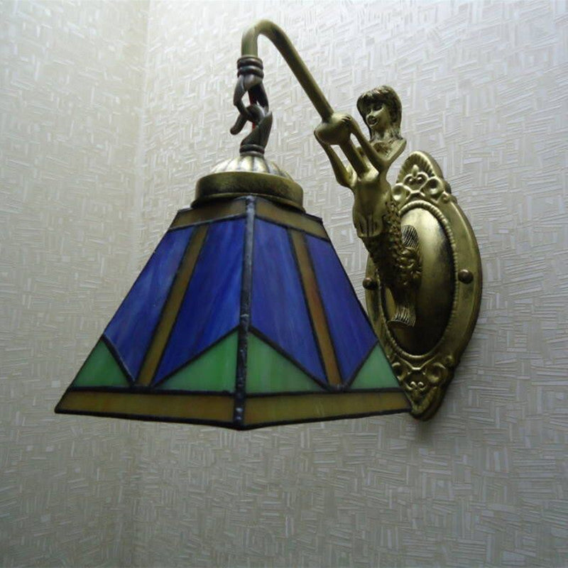 BowLift | Trapezium Wall Mount Lamp Fixture Tiffany Bronze Cut Glass Wall Lighting with Mermaid Arm