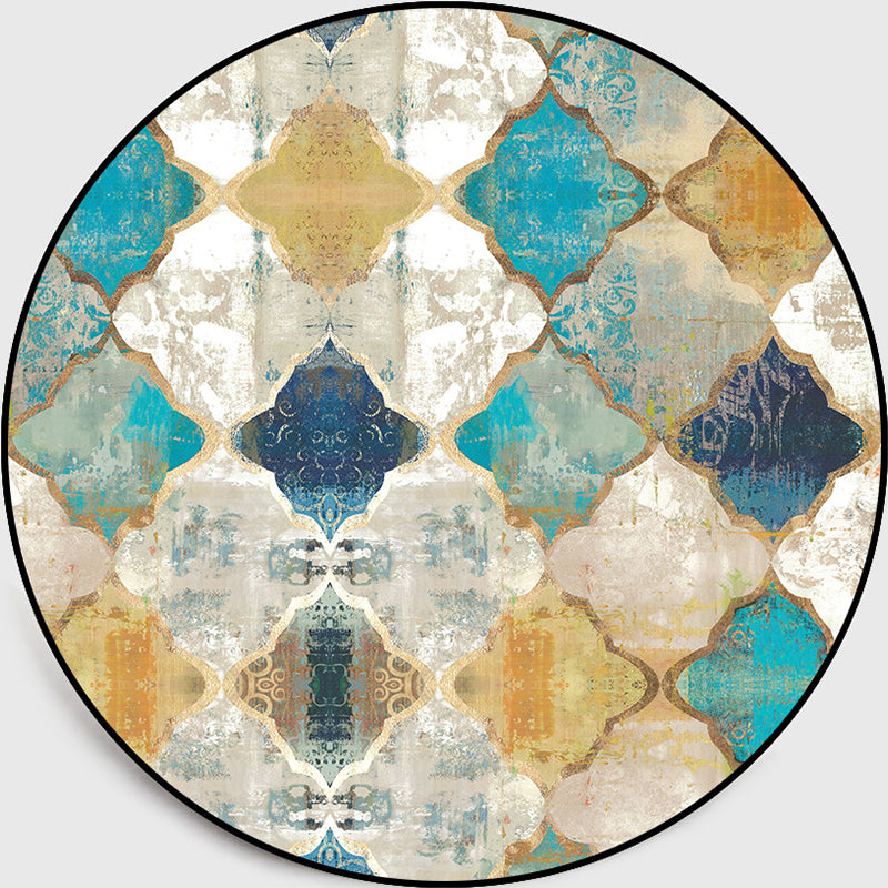 BowLift | Worn Blue-Yellow Moroccan Carpet Polypropylene Quadrifolium Pattern Carpet Non-Slip Backing Pet Friendly Stain Resistant Carpet for Room