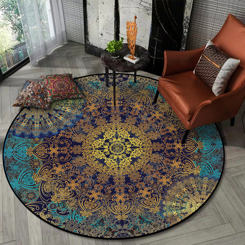 BowLift | Weathered Floral Pattern Rug Weathered Blue-Yellow Moroccan Rug Polyester Washable Non-Slip Floor Stain Resistant Rug for Home