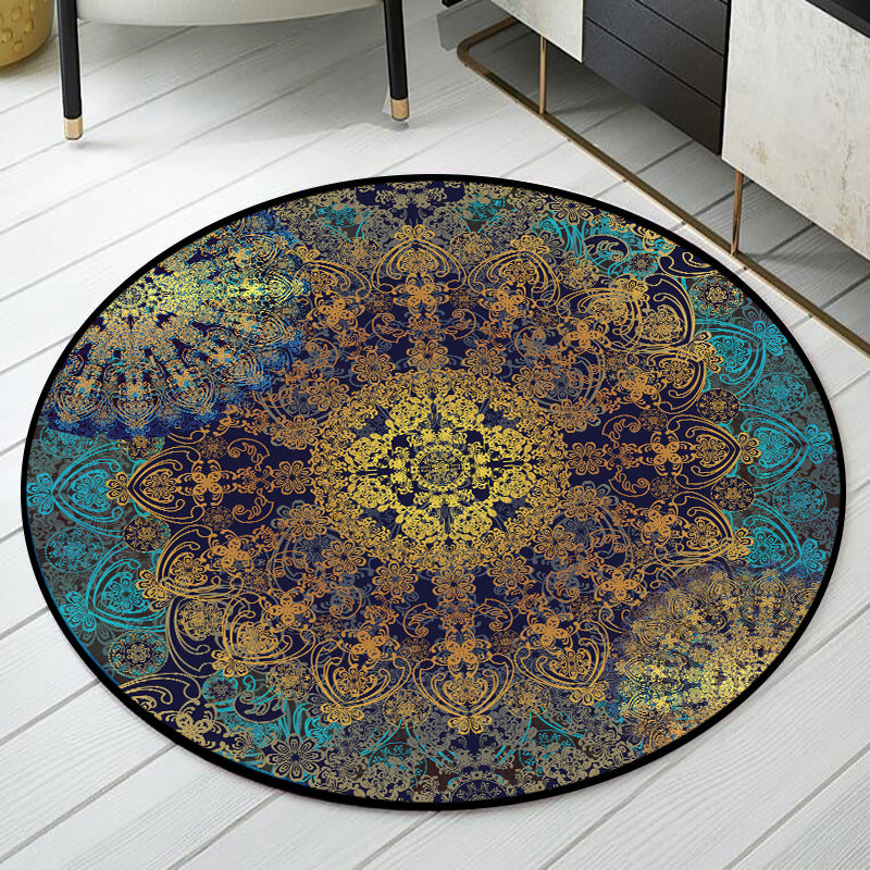 BowLift | Weathered Floral Pattern Rug Weathered Blue-Yellow Moroccan Rug Polyester Washable Non-Slip Floor Stain Resistant Rug for Home