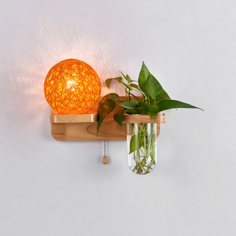 BowLift | Ball-shaped Nightstand Lamp Rattan 1-Light Modern Wall Lamp with Pull Switch in Wood