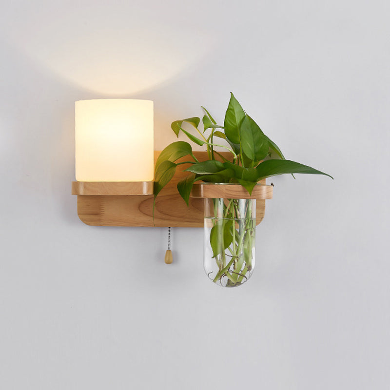 BowLift | Geometric Pull Chain Wall Light Simplicity White Glass Single Hall Wall Mounted Lamp in Wood