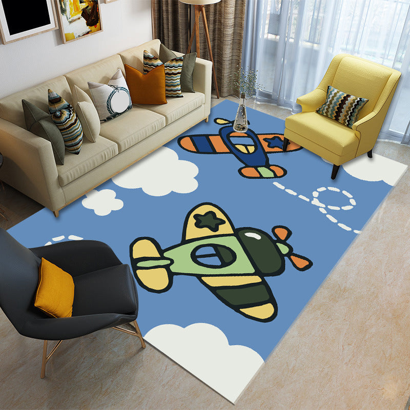 BowLift | Cartoon Boys Bedroom Rug Multicolored Spaceship Pattern Rug Polyester Stain Resistant Non-Slip Back Pet Friendly Rug