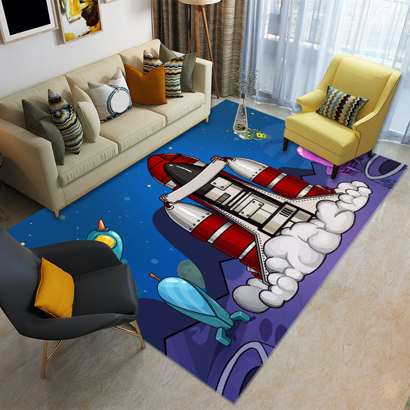 BowLift | Cartoon Boys Bedroom Rug Multicolored Spaceship Pattern Rug Polyester Stain Resistant Non-Slip Back Pet Friendly Rug