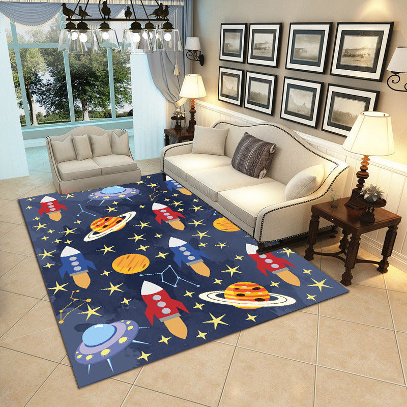 BowLift | Cartoon Boys Bedroom Rug Multicolored Spaceship Pattern Rug Polyester Stain Resistant Non-Slip Back Pet Friendly Rug