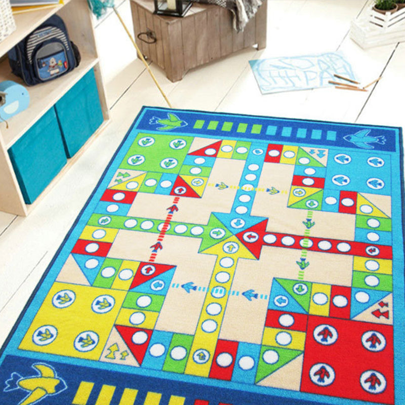 BowLift | Playable Child Rug blue Airplane Chess Game Rug Non-Slip Backing Pet Friendly Stain Resistant Carpet for Preschool