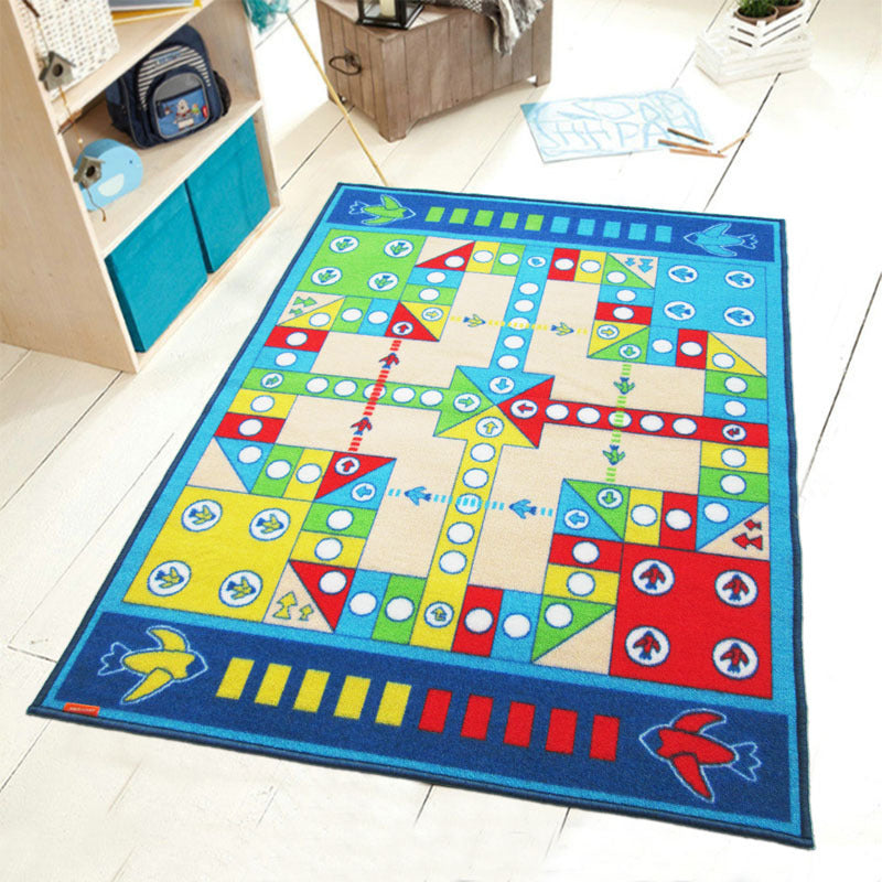 BowLift | Playable Child Rug blue Airplane Chess Game Rug Non-Slip Backing Pet Friendly Stain Resistant Carpet for Preschool