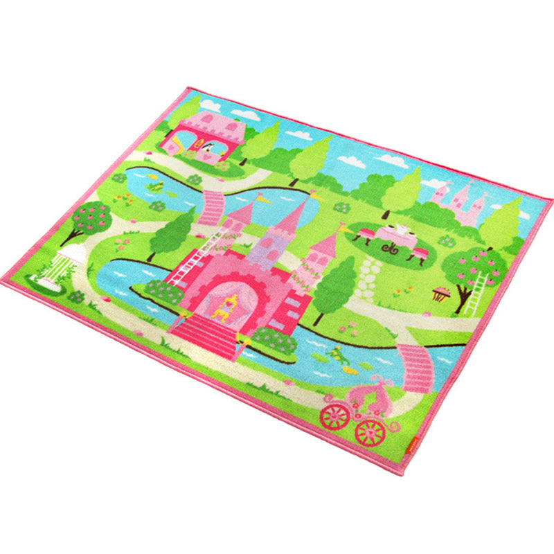 BowLift | Shady Castle Landscape Print Carpet Pink Cartoon Area Rug Synthetic Stain Resistant Non-Slip Back Washable Rug for Children's Room