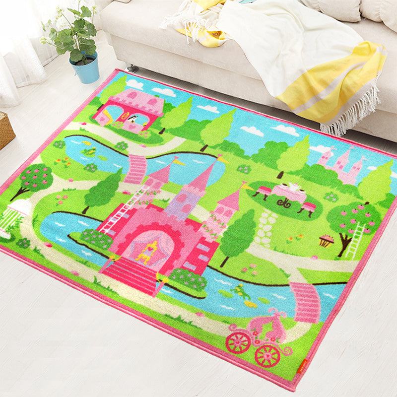 BowLift | Shady Castle Landscape Print Carpet Pink Cartoon Area Rug Synthetic Stain Resistant Non-Slip Back Washable Rug for Children's Room