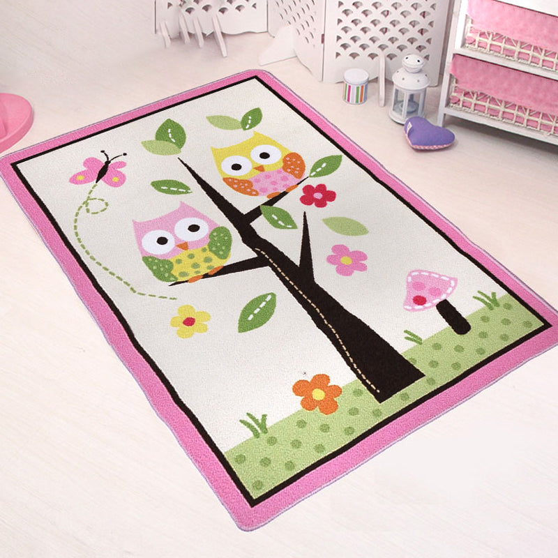 BowLift | Pink Owl Drawing Print Carpet Polyester Cartoon Carpet Anti-Slip Bottom Machine Washable Pet Friendly Area Rug for Kids Room