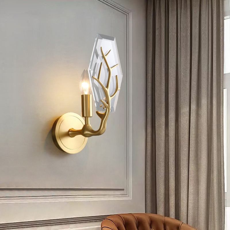 BowLift | Artistic hexagonal wall lamp crystal single living room wall light fixture in brass