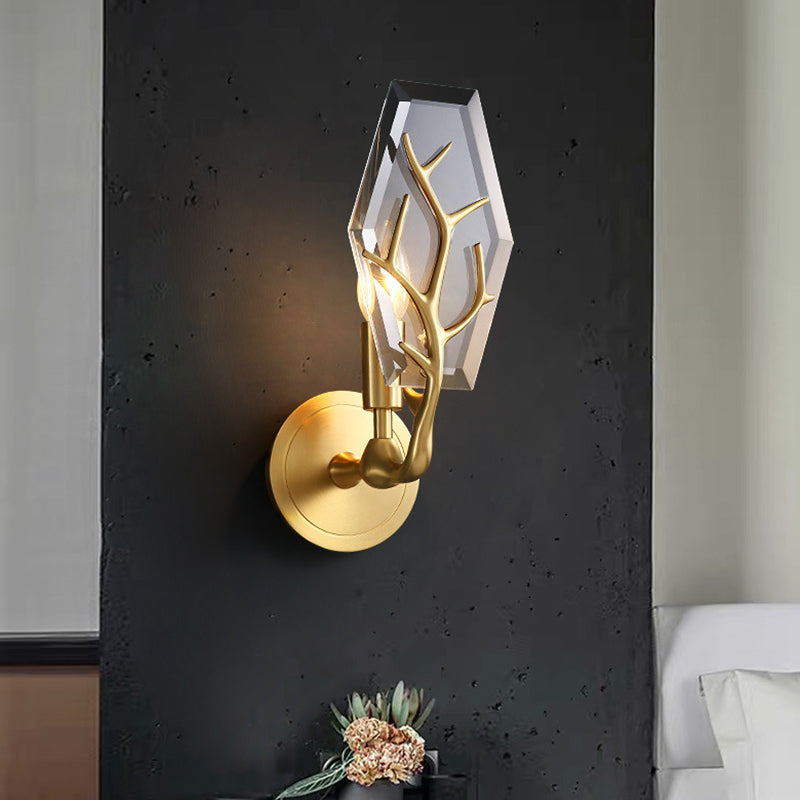 BowLift | Artistic hexagonal wall lamp crystal single living room wall light fixture in brass